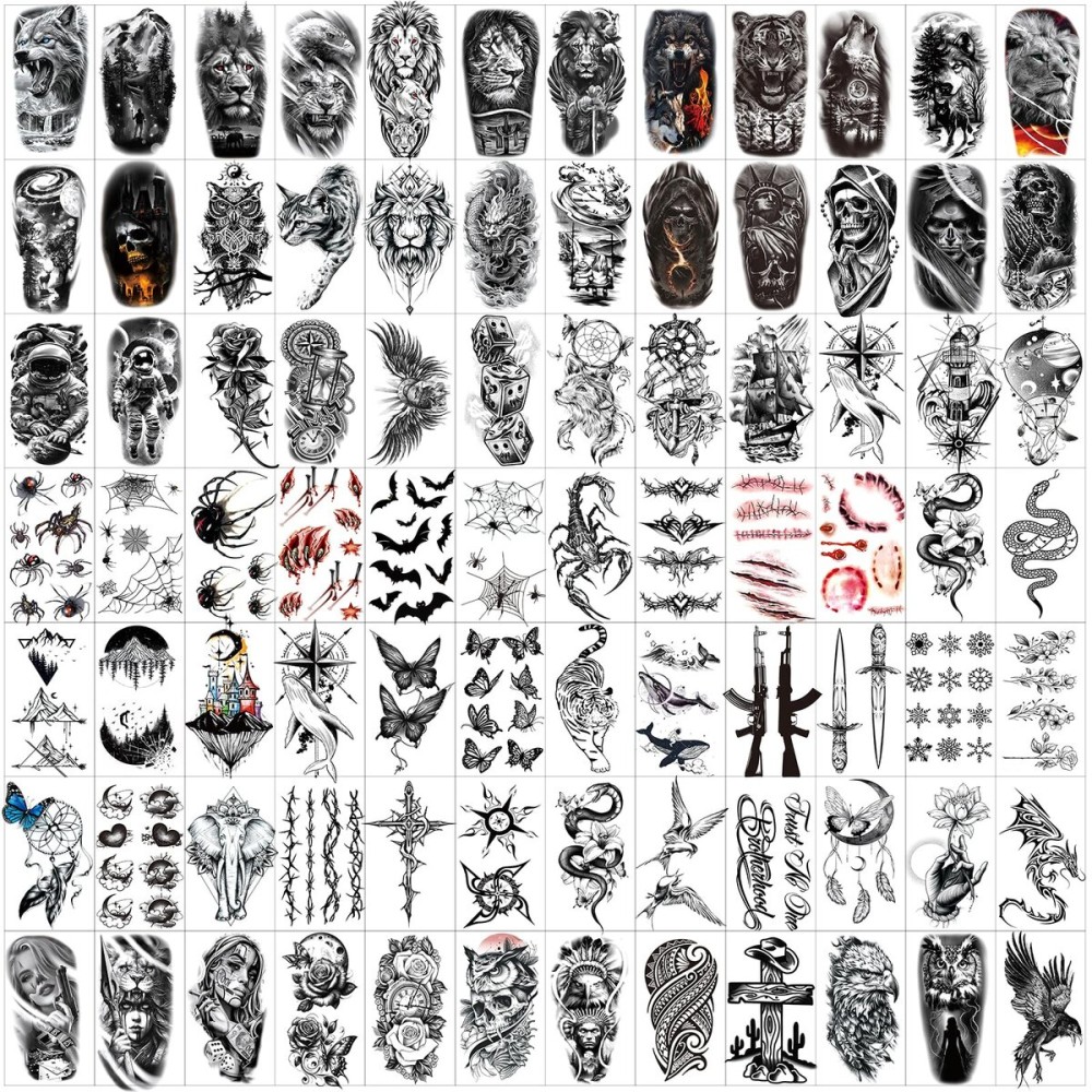 82 Sheets Halloween Temporary Tattoos, 3D Scary Lion Wolf Tiger Skull Skeleton Spider Fake Tattoos Stickers for Men Women Adults