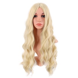 MapofBeauty 28 Inch/70 cm Long Wavy Middle Part with No Bangs Synthetic Fiber Curly Fashion Women Party Cosplay Wig (Mixed Blonde)