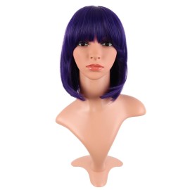 MapofBeauty 12 Inch /30 cm Fashion Lady Short Straight Synthetic Flat Bangs Bob Wig (Dark Purple)