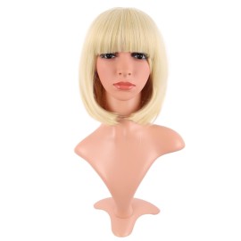MapofBeauty 12 Inch /30 cm Fashion Lady Short Straight Synthetic Flat Bangs Bob Wig (Mixed Blonde)