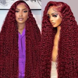 Abhayy 99j Burgundy 13x6 Deep Wave Lace Front Wigs Human Hair 30 inch HD Transparent Lace Front Wigs Human Hair for Women 200% Density Pre Plucked Wet And Wavy Red Colored Deep Curly Lace Frontal Wig