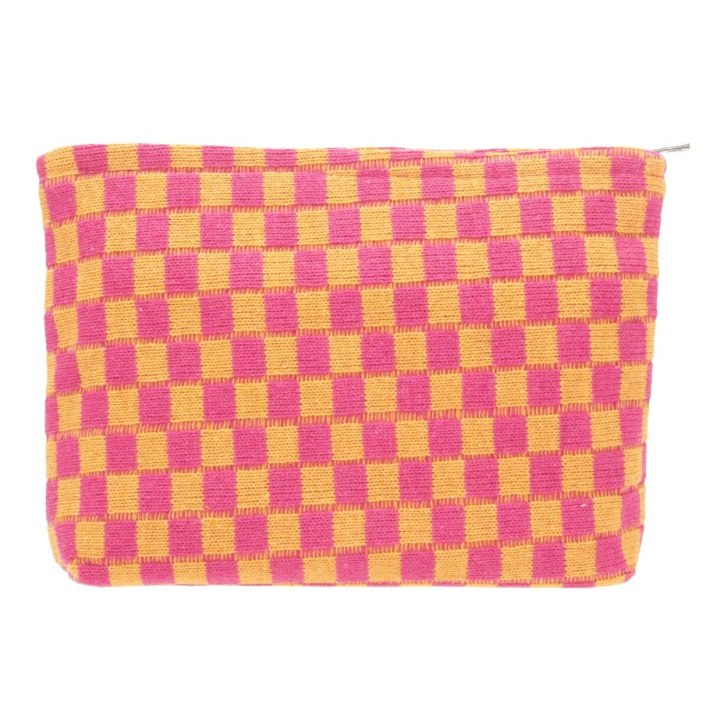 PAZIMIIK Knitted Checkered Makeup Bag Large Zipper Make Up Accessory Pouch for Purse Cosmetic Brush Bag for Travel Red Orange
