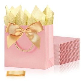 SHIPKEY 10PCS Pink Gift Bags, 11x4x8 Medium Welcome Bags, Luxury Shopping Bags with Ribbon Handle and Bows (28x10x20cm)