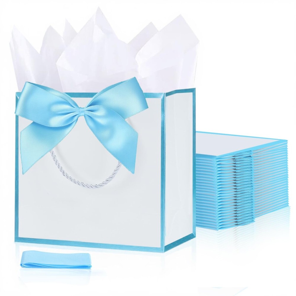 SHIPKEY 10 PCS Blue Gift Bags, 7.4x2.8x5.9 Small Welcome Bags, Luxury Shopping Bag with Ribbon Handle and Bows (18.8x7x14.8cm)