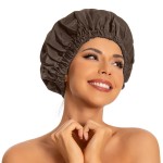 Reusable Shower Cap for Women, Large Waterproof Shower Essentials Bonnet Washable Elastic Band Bath Hair Wrap Hat for Long Hair, Braids(Dark Coffee)