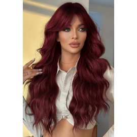 SYMEIW 24 Inch Burgundy Wavy Wig with Bangs, Heat Resistant Synthetic Hair for Women, Adjustable Cap with Snap Clips for Daily Use, Wedding, Cosplay