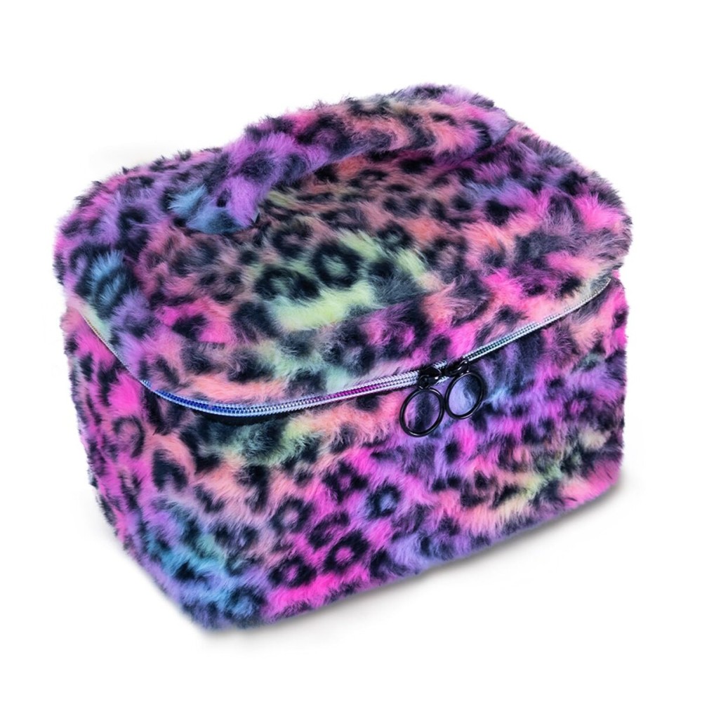 imerelez Plush Travel Makeup Bag Toiletry bag for Women Soft Fluffy Cosmetic Bag Portable Foldable (Rainbow Leopard)