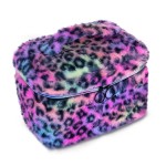 imerelez Plush Travel Makeup Bag Toiletry bag for Women Soft Fluffy Cosmetic Bag Portable Foldable (Rainbow Leopard)