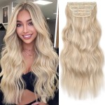 KooKaStyle Clip in Long Wavy Synthetic Hair Extension 20 Inch Pearl Blonde 4PCS Thick Hairpieces Fiber Double Weft Hair for Women