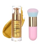 Liyalan Shimmer Body Oil 5 Color Options 1.0 fl.oz Face Glow Pearl Highlighter Illuminator Long-Lasting Shine Glitter Liquid Tanning with Makeup Brush Included (02 Gold)