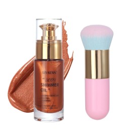 Liyalan Shimmer Body Oil Golden Brown Color 1.0 fl.oz Face Glow Pearl Highlighter Illuminator Long-Lasting Shine Glitter Liquid Tanning with Makeup Brush