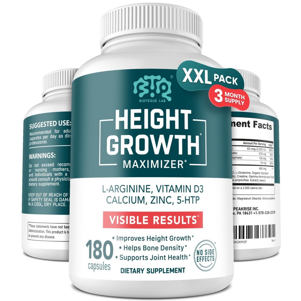 BIOTEQUELAB Height Growth Maximizer, Calcium, Vitamin D3 and Zinc Blend Pills, Bone Growth Supplement for Kids and Teens, Bone Strength, Density Support, GMO-Free, Gluten-Free, Made in USA, 180 Caps