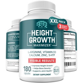 BIOTEQUELAB Height Growth Maximizer, Calcium, Vitamin D3 and Zinc Blend Pills, Bone Growth Supplement for Kids and Teens, Bone Strength, Density Support, GMO-Free, Gluten-Free, Made in USA, 180 Caps