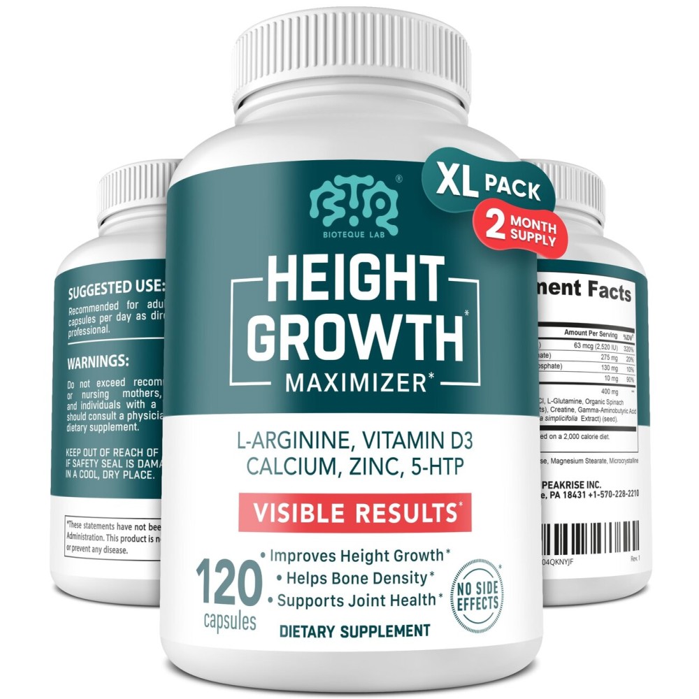 BIOTEQUELAB Height Growth Maximizer, Calcium, Vitamin D3 and Zinc Blend Pills, Bone Growth Supplement for Kids and Teens, Bone Strength, Density Support, GMO-Free, Gluten-Free, Made in USA, 120 Caps