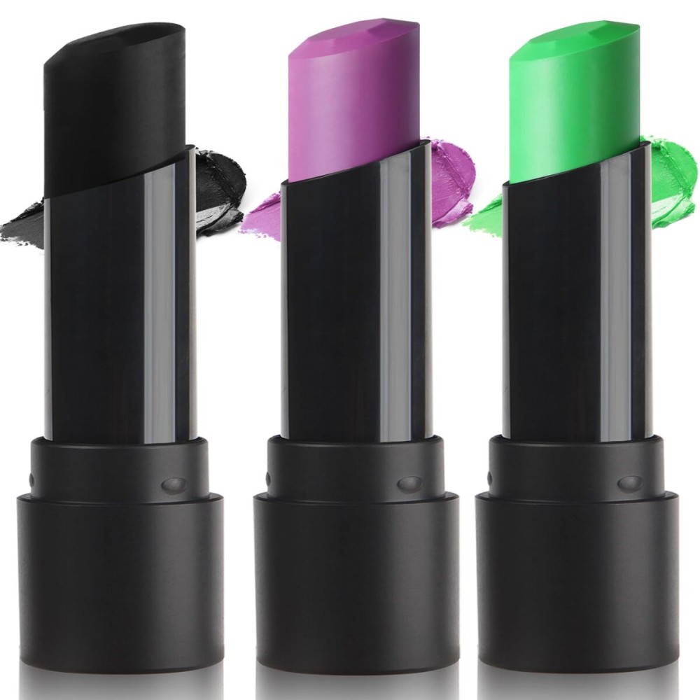 MEICOLY 3PCS Black Purple Lime Green Face Body Paint Stick Set,Face Paint for Halloween Wicked Witch,Frankenstein,Ghost,Zombie SFX Character Makeup,Elphaba Face Paint Makeup,Eye Black Stick Kit
