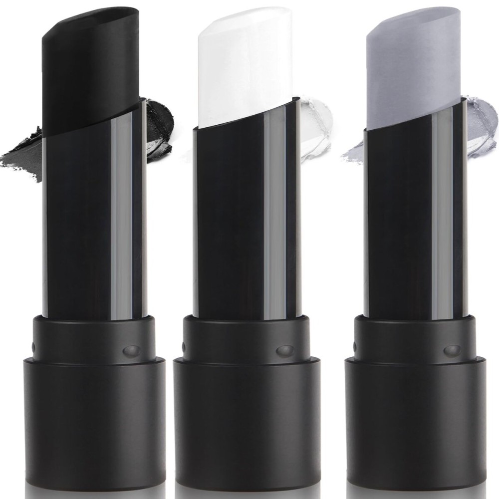 MEICOLY 3PCS Black White Light Grey Face Body Paint Stick,Halloween Zombie Skeleton Makeup Face Paint,Clown White Makeup SFX Cosplay for Adults and Kids,Eye Black Stick for Baseball & Softball
