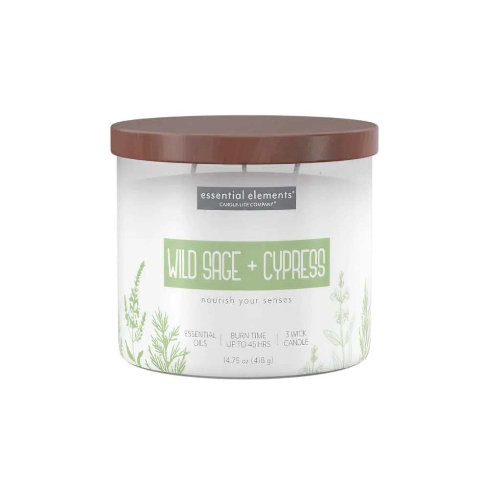 Candle-lite Essential Elements Scented Candles, Wild Sage & Cypress, 14.75 oz Jar, Proudly Poured in The USA, Aromatherapy, 3-Wick with 45 Hours of Burn Time, Perfect for Creating a Relaxing Ambiance