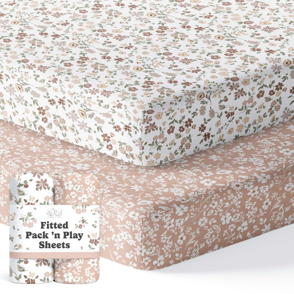 Pack and Play Sheets Fitted, Mini Crib Sheets for Graco Pack N Play Playard (38x26), Ultra Soft Organic Cotton Blend, Safe & Snug Playpen Mattress Sheet for Baby Boys & Girls - Fleurette, 2-Pack