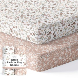 Pack and Play Sheets Fitted, Mini Crib Sheets for Graco Pack N Play Playard (38x26), Ultra Soft Organic Cotton Blend, Safe & Snug Playpen Mattress Sheet for Baby Boys & Girls - Fleurette, 2-Pack