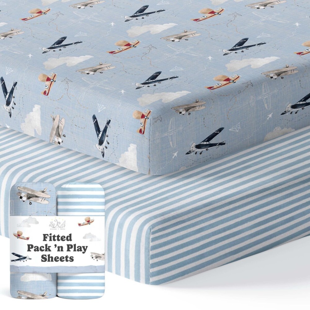 Pack and Play Sheets Fitted, Mini Crib Sheets for Graco Pack N Play Playard (38x26), Ultra Soft Cotton Blend, Safe & Snug Playpen Mattress Sheet for Baby Boys Girls, Airplane in The Clouds, 2-Pack