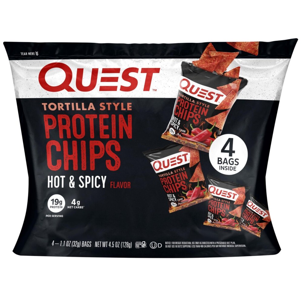 Quest Nutrition Tortilla Style Protein Chips, Hot & Spicy, 19g of Protein, 4g Net Carbs, High Protein, Gluten Free, 1.1 Ounce, 4 count