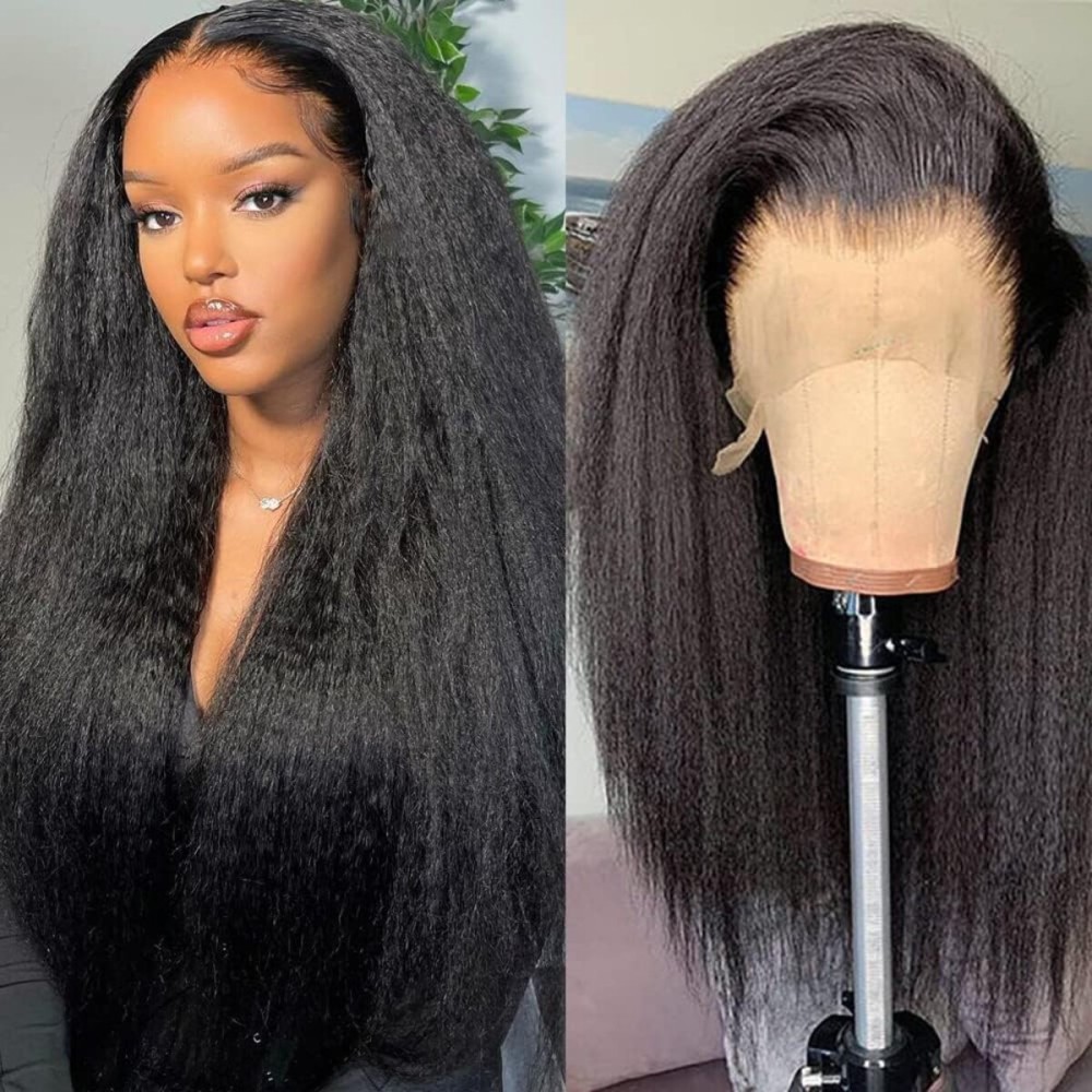 GOLFMAX Kinky Straight Lace Front Wigs Human Hair Wigs For Black Women 13x4 Transparent HD Human Hair Pre Plucked Yaki Straight Human Hair Lace Frontal Wigs 20 Inch