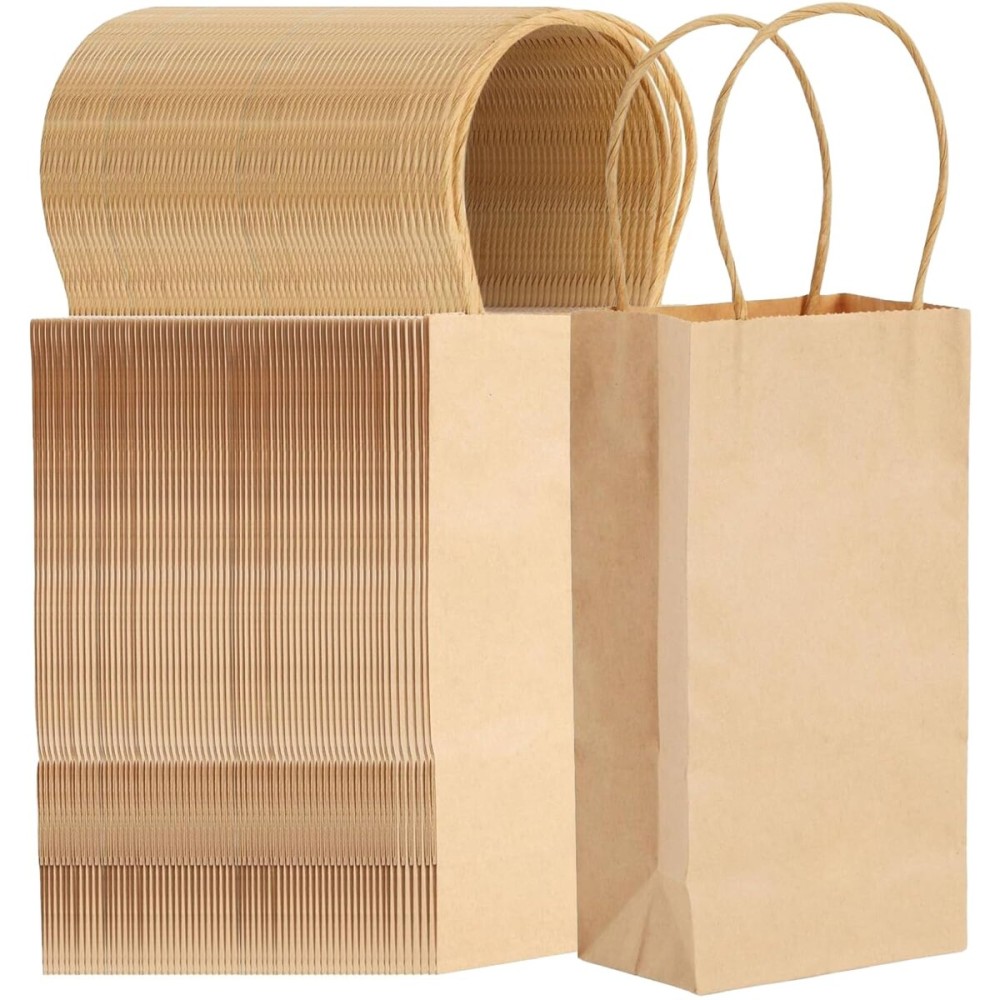 Juvale Brown Gift Bags with Handles - 100-Pack Small (3.5 x 2.4 x 7 in) - Durable 120 GSM Paper Construction - Bulk Party Favor Bags - Plain Design for DIY Decorating & Branding