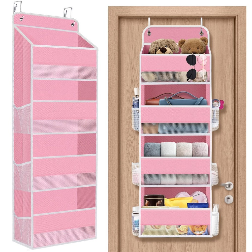 SpaceHacks 1 Pack Over The Door Organizer Hanging Storage Organizers with Clear Window 40lb Large Capacity Room Organizer for Pantry Laundry Bathroom Nursery Closet(Pink)