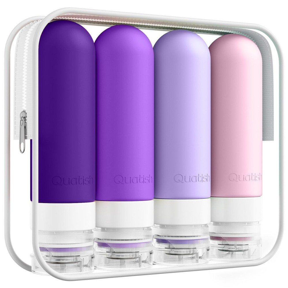 Quatish Travel Bottles for Toiletries, Original Patented Leak Proof Travel Size Containers, 3 oz Tsa Approved Silicone Shampoo and Conditioner Bottles, 4 Pack,Purple