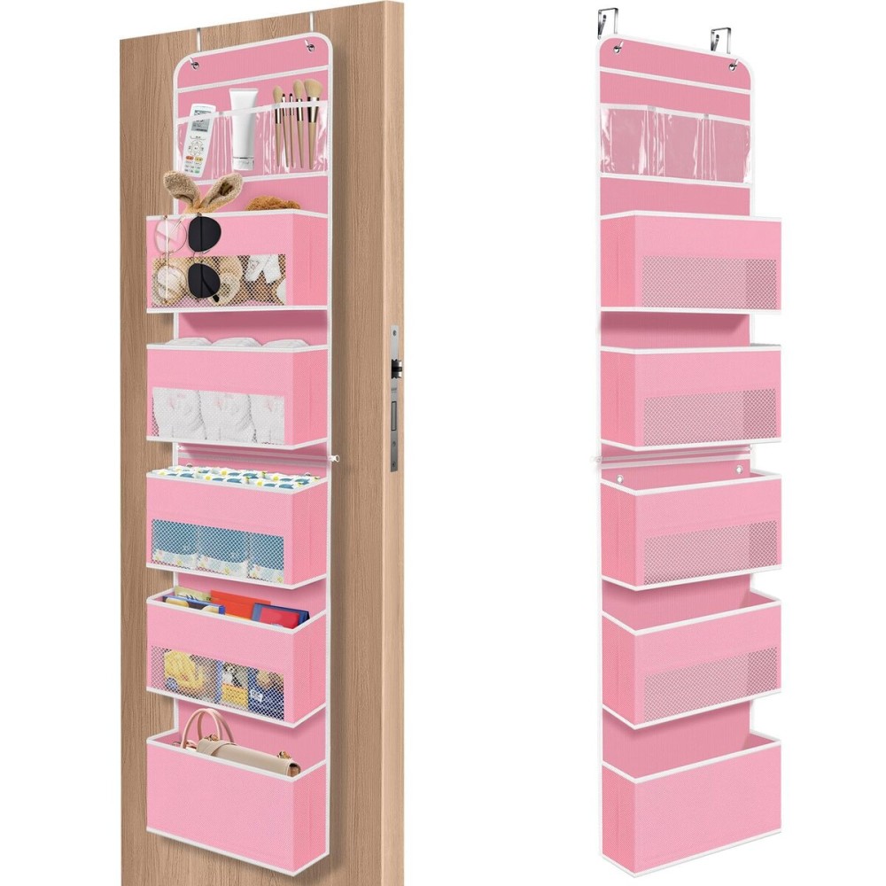 SpaceHacks 6-Tier Over The Door Organizer Hanging Storage Organizers with Clear Window 40lb Large Capacity Room Organizer for Pantry Bathroom Nursery Closet(Pink)