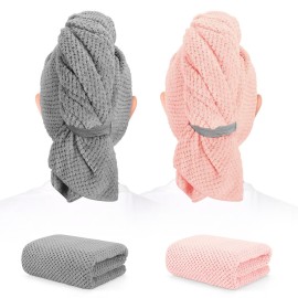 BEoffer 2 Pack Microfiber Hair Towel - 41 x 24 inches Super Soft, Absorbent, Fast Drying Without Frizz Hair Towel Wrap for Women Long, Thick, Curly Hair - Hair Turbans with Elastic Strap