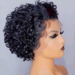 INSTASTYLE Short Curly Human Hair Wig Pixie Cut Lace Front Wigs 8inch,13x1 Pixie Cut Wig Human Hair Hd Lace Front Wigs for Black Women 8inch,Natural Black