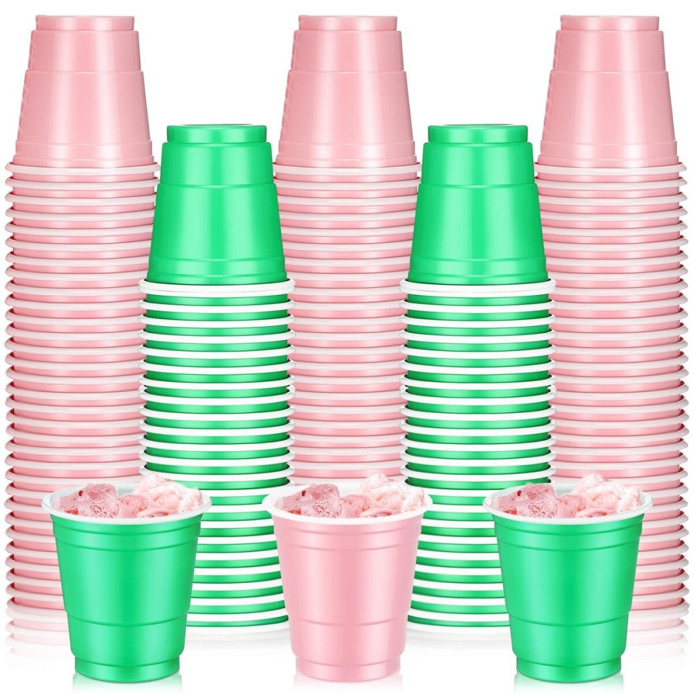 Roshtia 100 Pack 2 oz Christmas Plastic Shot Cups, Mini Disposable Shot Glasses 2 oz Party Cups for Wedding Christmas Winter Party, Beer Taste Serving, Snacks(Pink and Green)