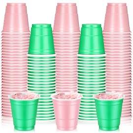 Roshtia 100 Pack 2 oz Christmas Plastic Shot Cups, Mini Disposable Shot Glasses 2 oz Party Cups for Wedding Christmas Winter Party, Beer Taste Serving, Snacks(Pink and Green)