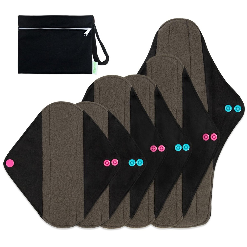 wegreeco Charcoal Reusable Menstrual Pads - Reusable Sanitary Pads | Panty Liners | Soft Cloth Menstrual - 6 Pack with 1 Cloth Mini Wet Bag (Starter Kit Set, Mix Size, Black)