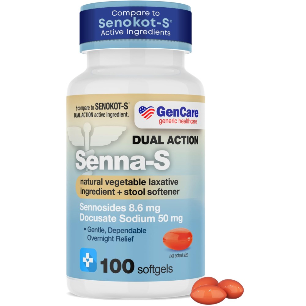 GenCare Senna-S - 100 Softgels - 8.6 mg Senna Tablets with 50 mg Docusate Sodium Stool Softener for Women & Men - Stimulant Laxative for Occasional Constipation Relief - Generic for Senakot-S