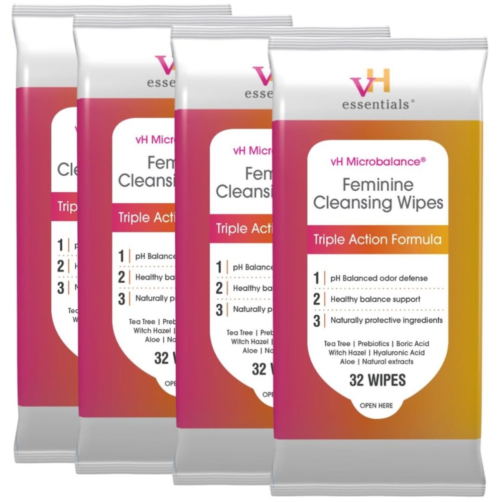 vH essentials Feminine Cleansing Wipes, 32 ct. 4 pk - pH Balanced, Prebiotics, Tea Tree & Aloe, Soothing Witch Hazel, Odor-Blocking Formula, Vaginal and Perianal Care, Alcohol, and Fragrance-Free