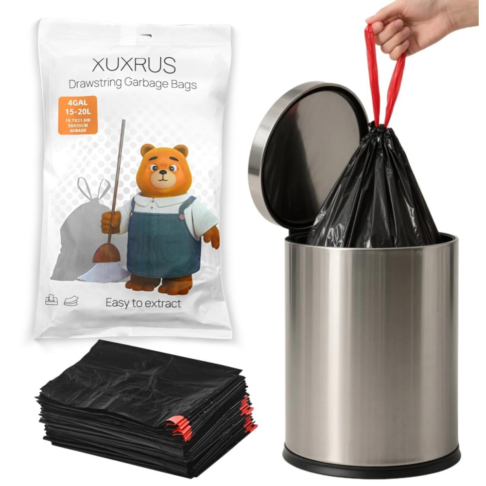 XUXRUS Small 4 Gallon Black Trash Bags with Drawstring, 60 Count Premium Black Garbage Bags, Tear-Resistant, Easy Tear-Off, Heavy Duty Trash Can Liners for Bathroom, Kitchen, Office