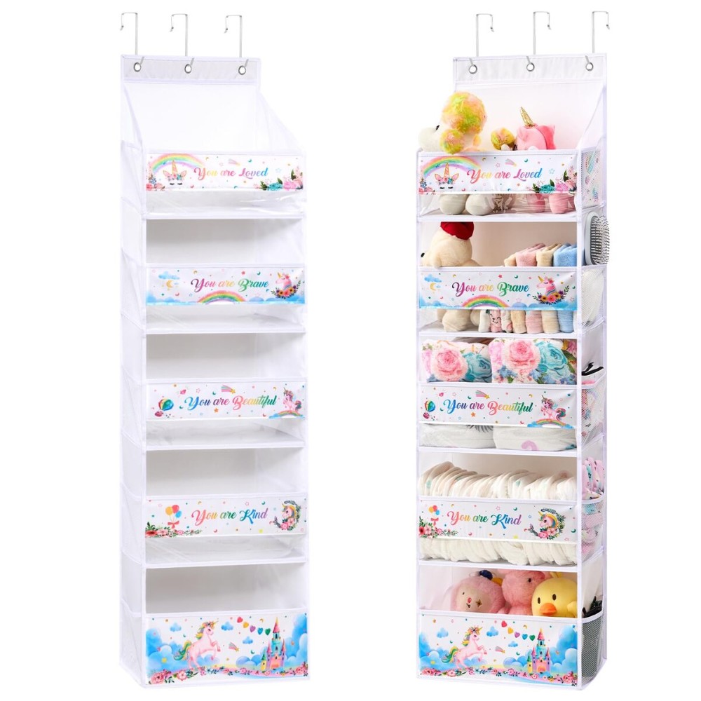 WERNNSAI Unicorn Over the Door Organizer, 5 Large Pockets Hanging Organizer with 10 Mesh Side Pockets, Storage Toy Diaper Baby Essential, Baby Nursery Storage for Girl Bedroom Bathroom Playroom Decor