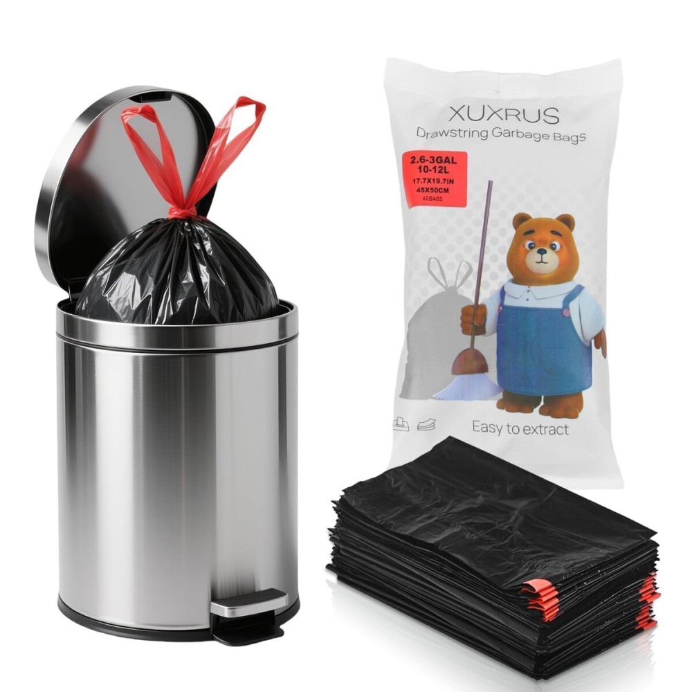 XUXRUS 2.6 Gallon Small Black Bathroom Trash Bags, 60 Count Folded Drawstring Small Garbage Bags, Tear-Resistant & Leak-Proof, Odor Control Liners for Bathroom, Office - Heavy Duty Trash Bags