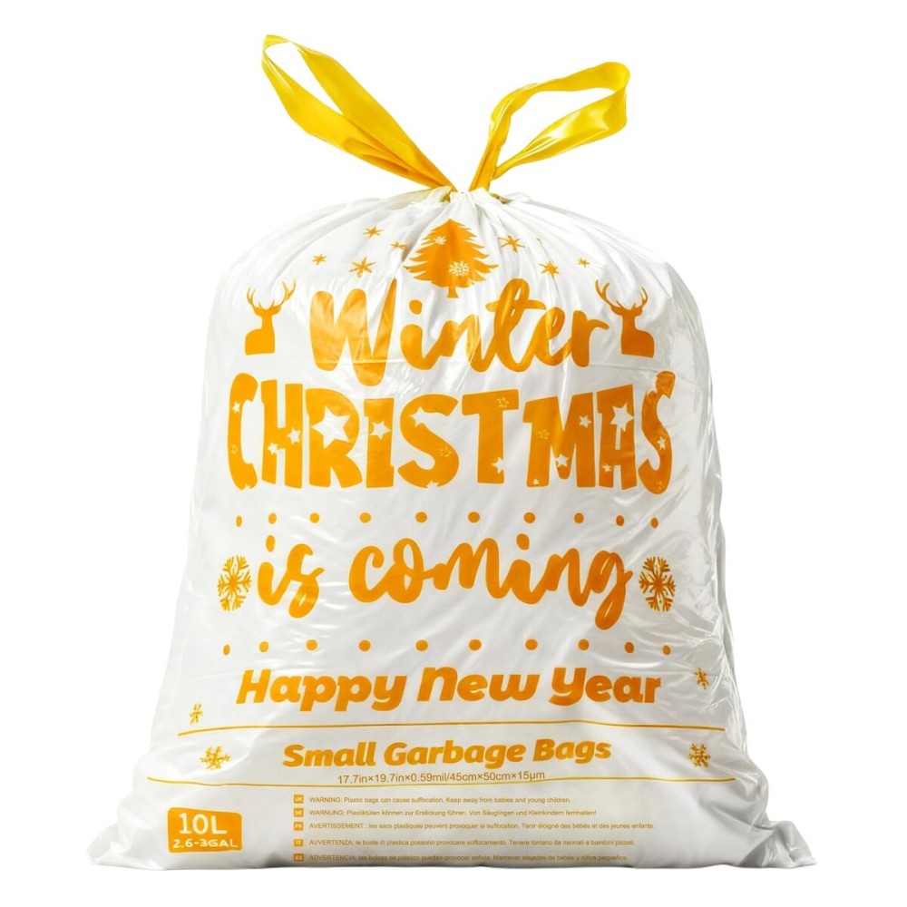 XUXRUS Gold Trash Bags Mini Trash Bags, 3 Gallon Small Bathroom Drawstring Christmas Garbage Bags 50 Count, Holiday Supplies, Festive Printed for Kitchen & Bathroom