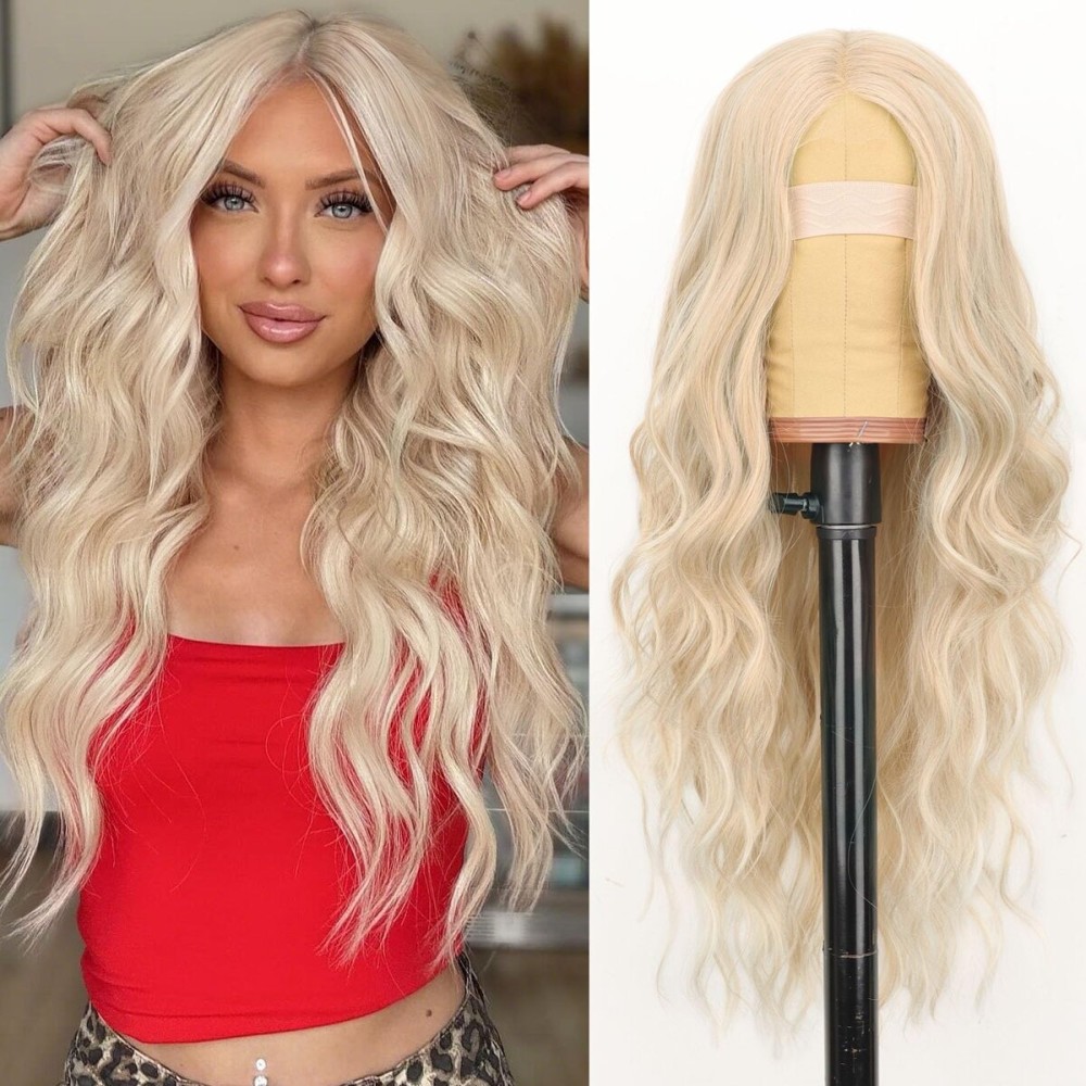 AISI HAIR Platinum Blonde Highlight Wig for Women, Long Wavy Lace Hairline Middle Part Synthetic Heat Resistant Wig for Daily Party-26 Inch