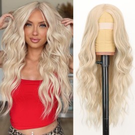 AISI HAIR Platinum Blonde Highlight Wig for Women, Long Wavy Lace Hairline Middle Part Synthetic Heat Resistant Wig for Daily Party-26 Inch