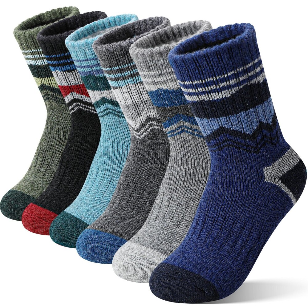 EBMORE Kids Merino Wool Hiking Socks Boys Toddlers Girls Winter Thermal Thick Warm Boot Cushion Ski Snow Gift Socks Stocking Stuffers 6 Pair(Black/Gray/Blue/Deep Green,4-7 Years)