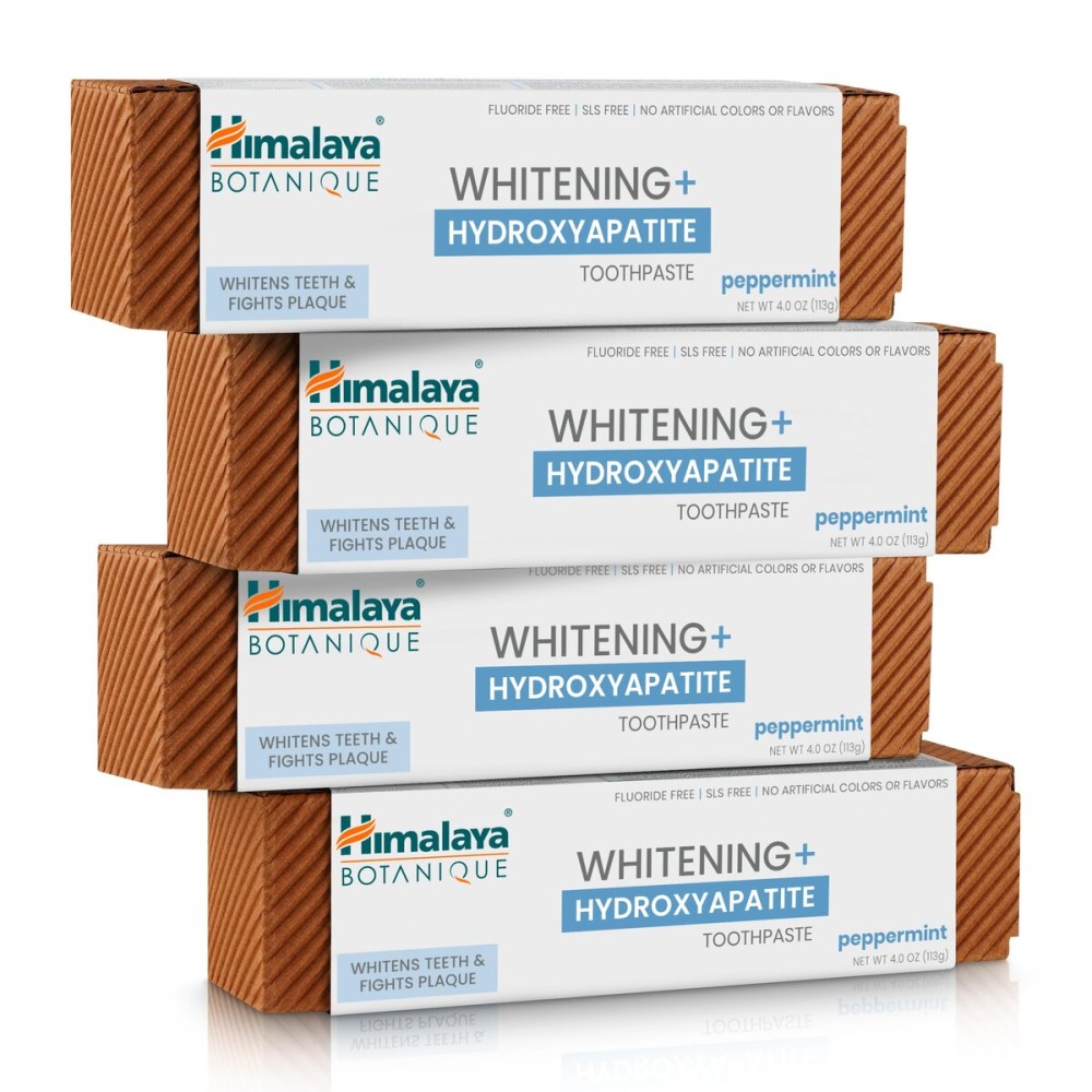 Himalaya Botanique Whitening + Hydroxyapatite Toothpaste, Peppermint - Nano Hydroxyapatite to Support Remineralization and Restore Enamel, Appropriate for Sensitive Teeth - Gluten Free, 4 oz, 4 Pack