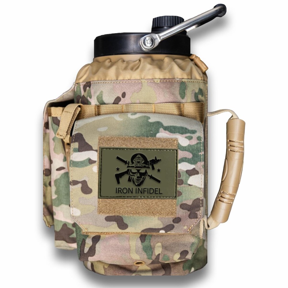 Iron Infidel Battle Bottle - One Gallon Insulated Water Bottle with Dual Carry Handles - 128 oz Tactical Stainless Steel Water Jug & Rugged Extra Large Sleeve With Storage (OCP Camo 128 Ounces)