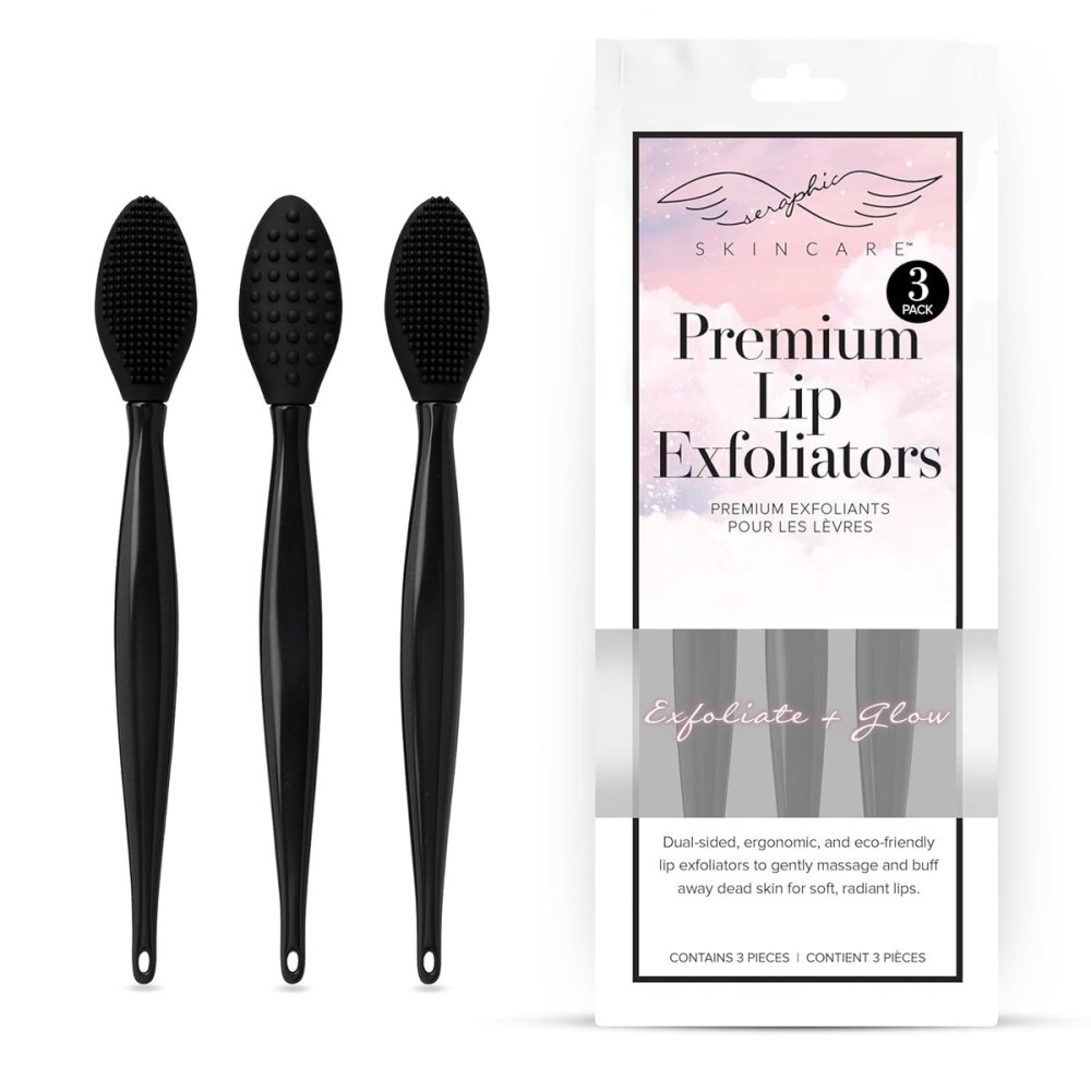 Seraphic Skincare Lip Exfoliator - Dual Sided BPA-Free Silicone Lip Scrubber with Wheat Straw Handles - For Soft Lips, Dead Skin Removal & Lip Mask Application - Pore Cleaning Brush For Lips (3 Pack)