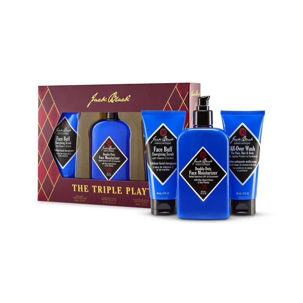 Jack Black Holiday Triple Play Gift Set for Men - Face Buff, Double-Duty Face Moisturizer, All-Over Wash for Face, Hair & Body, Mens Skin Care Kit, Men\'s Skincare Gift Set