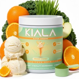 Kiala Nutrition Super Greens, Organic Greens Powder with Spirulina & Chlorella for Digestion, Gut Health, Immunity, Energy, Gluten Free, Vegan, Sugar Free, Spectra Blend, Orange Sherbet, 30 Servings