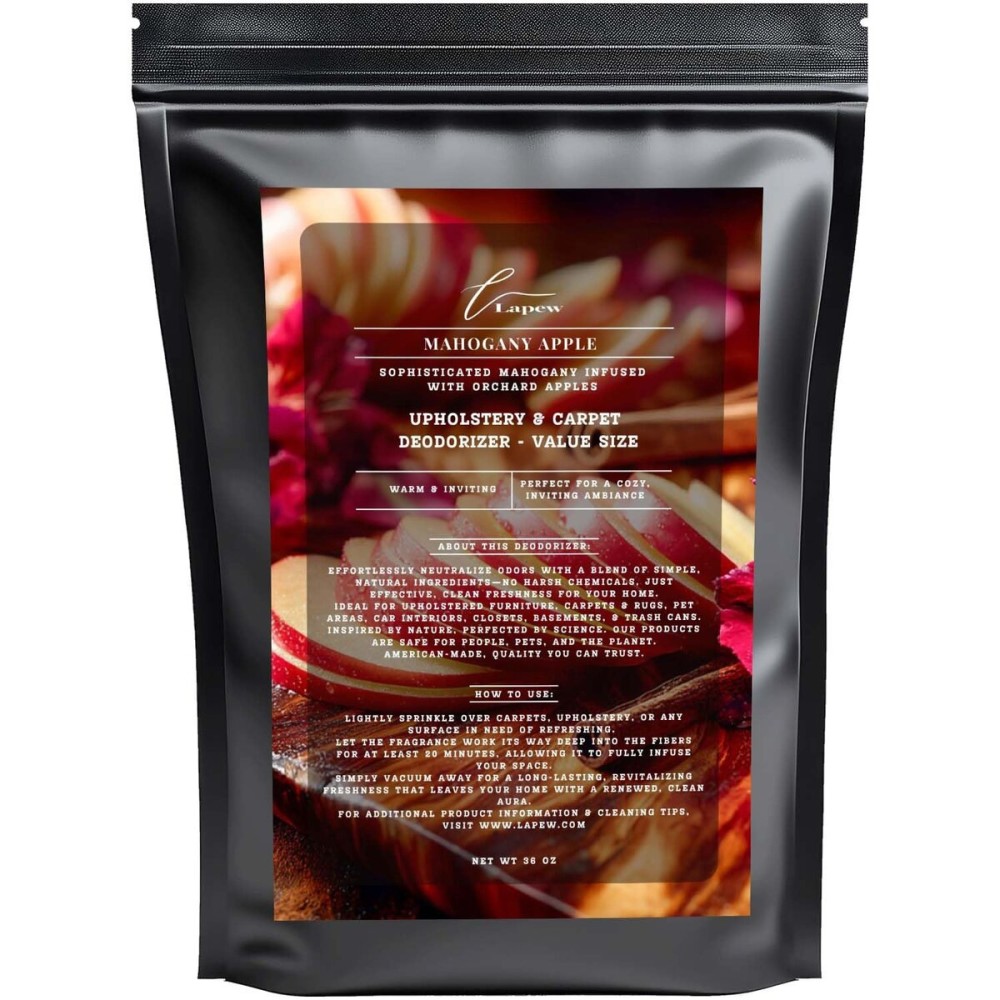 Lapew Mahogany Apple Carpet Freshener Powder Refill 36 oz | Powerful Odor Eliminator for Home | Upholstery Deodorizer | Carpet Deodorizer | Pet Urine | Cat Litter Box